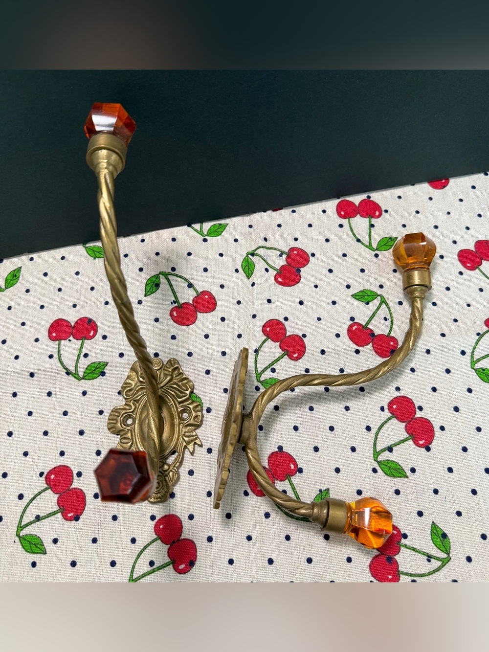 Brass Wall Hooks with Amber Acrylic Knobs - Set of 2